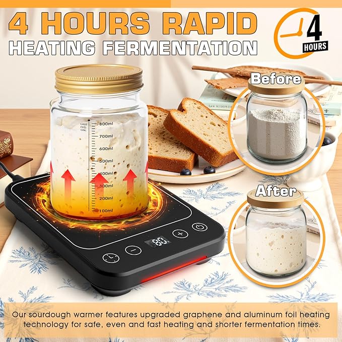 Upgraded Sourdough Starter Warmer, Precise 1°F Thermostat Control (70-100°F) Warming Heating Pad Mat with 0–12H Timer & Auto On/Off, Memory Function, Sourdough Heater Proofing Tool for Home Baking