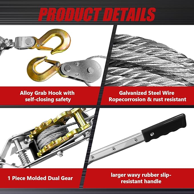 Come Along Winch 2 Ton 7ft Steel Cable Manual Winch with 2 Hooks & Dual Gears - Come Along Cable Puller for Automotive Hoist & Vehicle Rescue
