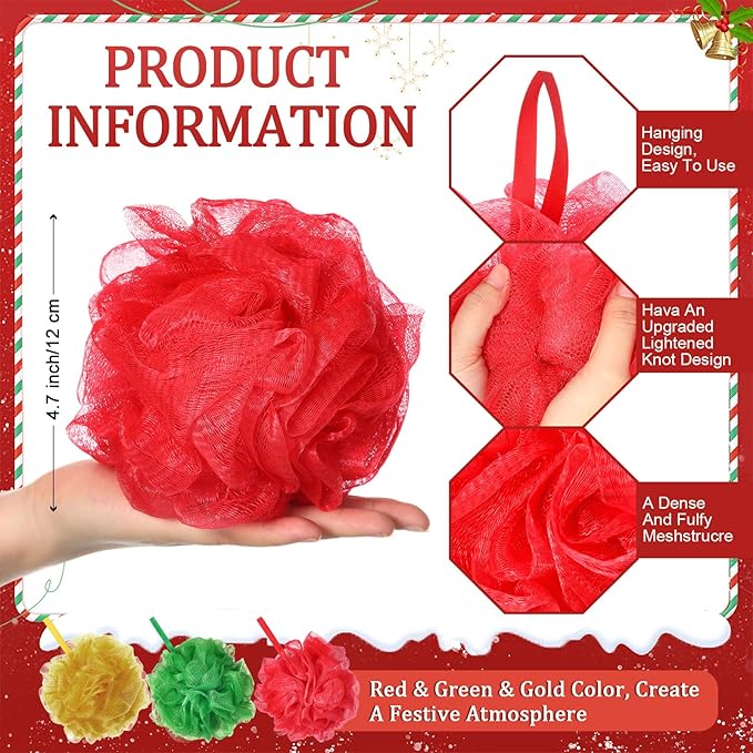 24 Pcs Christmas Bath Loofah Sponge Red Green Loofah Exfoliating Body Scrubber Shower Sponge 50g Mesh Shower Pouf Balls Gift Set for Women Men Christmas Bathing Accessories(Red,Green,Gold)