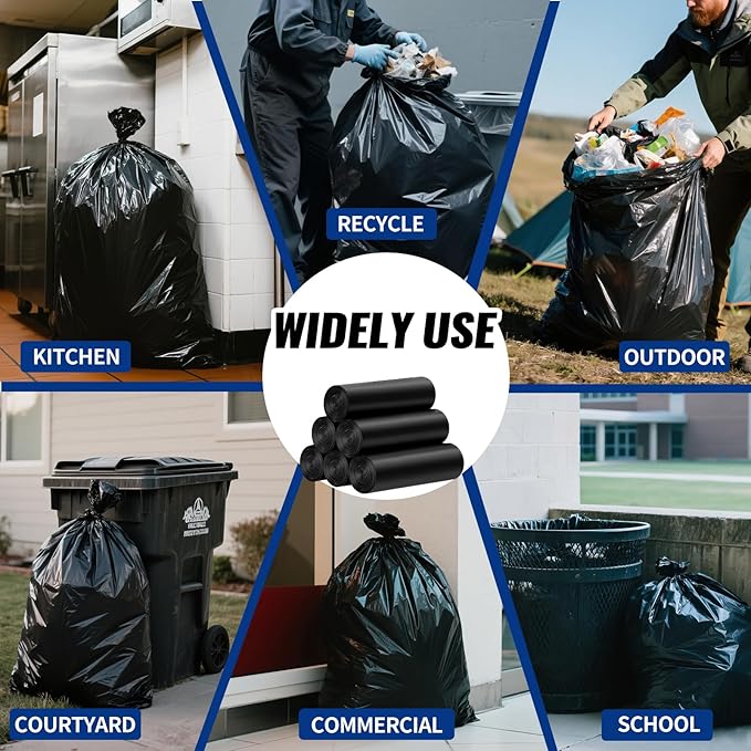 20 Count 55-60 Gallon Trash Bags, Tear-Free Large Black Garbage Bags for Kitchen, Office, Outdoor, Commercial Use, Lawn and Leaf Bags, Lightweight 17 Micron Design for Daily Dry Waste