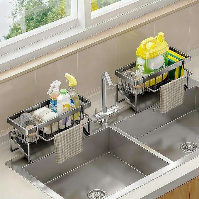 Sponge Holder for Kitchen, Sink Caddy Organizer Rack for Kitchen Accessories, Soap Dispenser Countertop Organizer Essentials for Home (Grey)