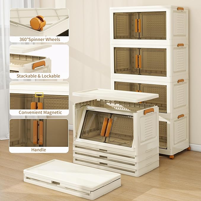 Plastic Stackable Storage Bins with Lids and Wheels, Foldable Closet Organizers and Storage Containers, Collapsible Clear Drawer Storage Cabinet with Doors Ivory White 1080 QT