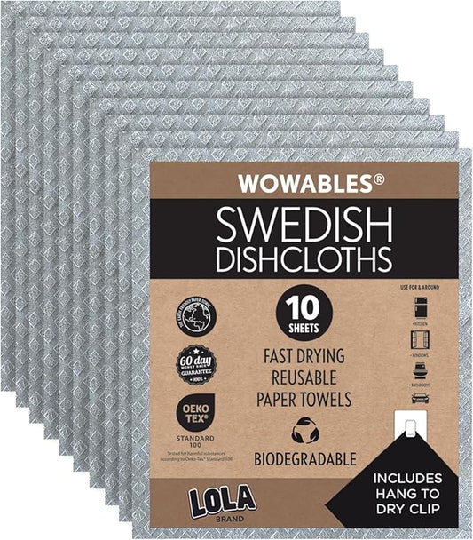 LOLA Swedish Dishcloths, 10 Sheets Biodegradable Reusable Paper Towels Absorbent Kitchen Sponge Cloths Zero Waste No Odor, Made in Germany
