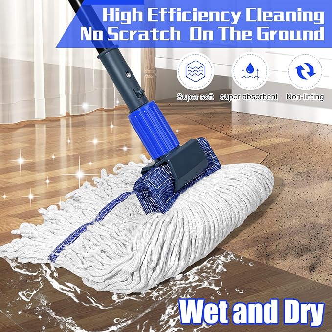 BUVE Commercial Heavy Duty Industrial Cotton Mop with Long Handle for Floor Cleaning, Looped-End String Wet Mop for Home, Garage, Office, Workshop, Warehouse