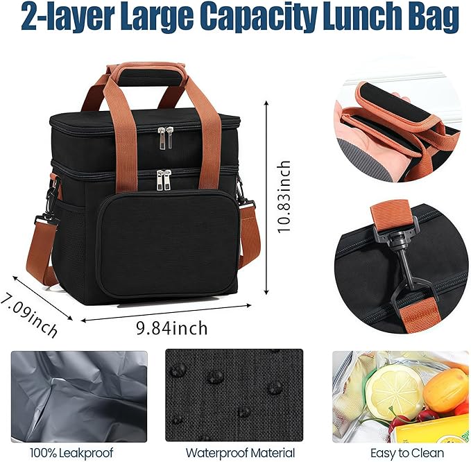 16 litres Insulated Lunch Bag for Men & Women, 2 Deck Lunch Box with Leak-Proof, Insulated Cooler Bag, Reusable Lunch Tote, with Adjustable Shoulder Strap for Office Picnic Hiking Beach