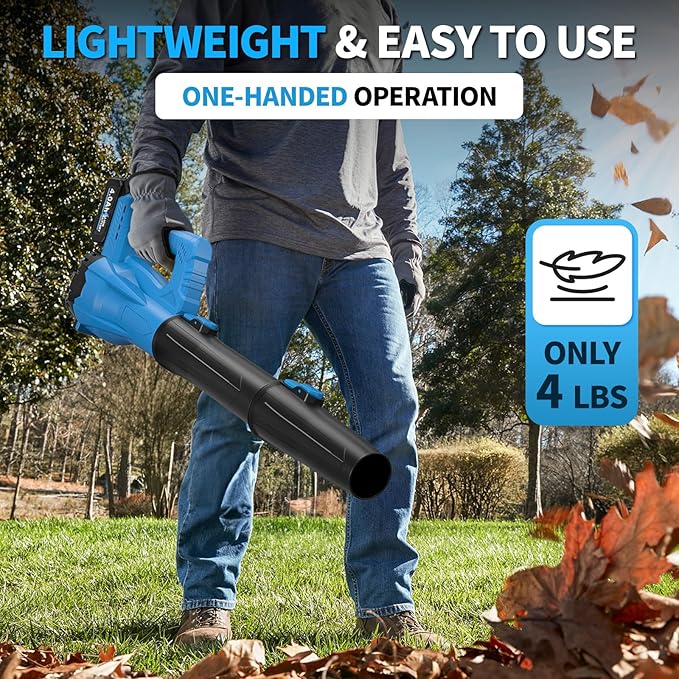 Leaf Blower Cordless, 21V Powerful Leaf Blower with 2 x 4.0Ah Battery & Fast Charger, Lightweight Electric Leaf Blowers for Lawn Care, Yard, Patio Cleaning, Blowing Leaves & Dust (Blue)