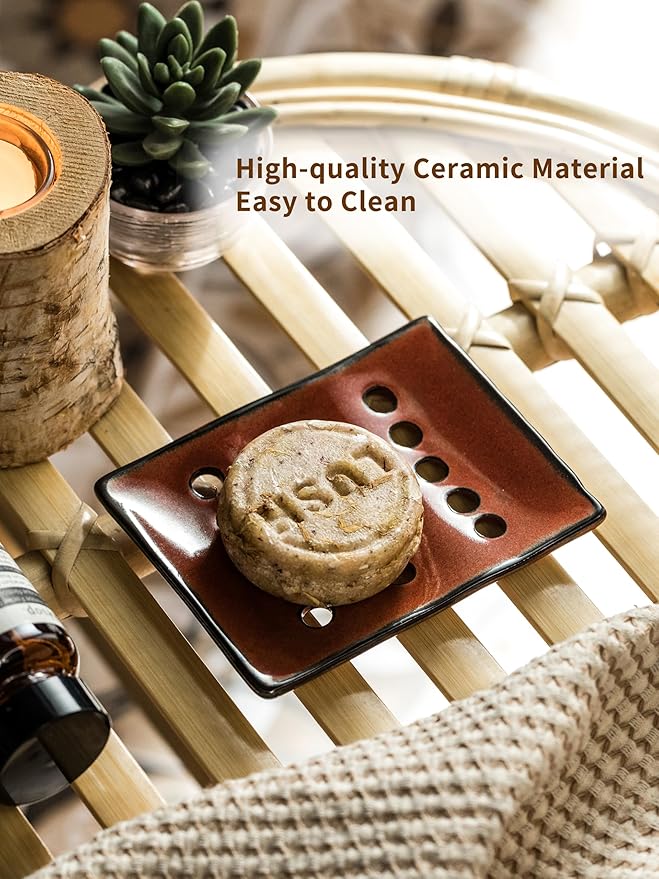 Soap Holder with Self Drain, Ceramic Soap Dishes for Bar, Shower, Japanese Soap Tray for Kitchen and Bathroom, Keep Sink Dry and Tidy, Red