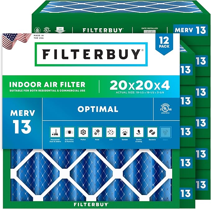 Filterbuy 20x20x4 Air Filter MERV 13 Optimal Smoke & Allergy Defense (12-Pack), Electrostatic Pleated HVAC AC Furnace Filters Replacement, Made in USA (Actual Size: 19.50 x 19.50 x 3.63)