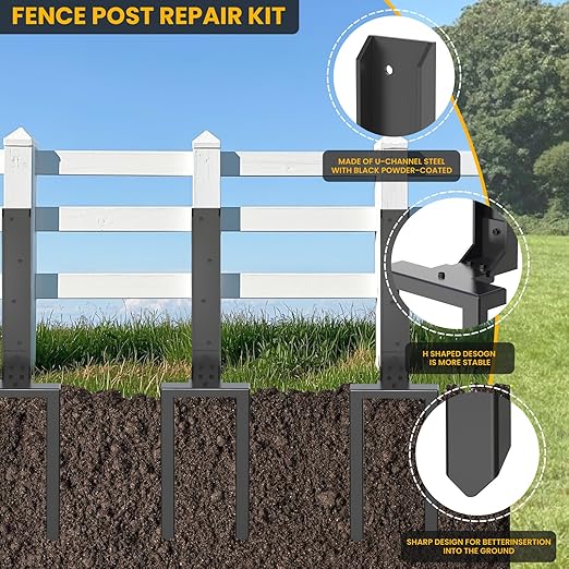Fence Post Repair Kit 2 Pcs, Post Stake Double Ground Spike with Black Powder-Coated for Repair Tilted/Broken Wood Fence Post