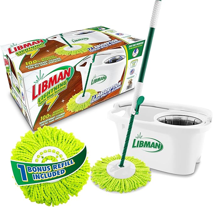Libman Lightning Spin Mop System Plus 1 Refill Head | Mop and Bucket with Wringer Set | Floor Mop | Spin Mop | Libman Mop | Mops for Floor Cleaning | Hardwood Floor Mop | 2 Total Mop Heads Included