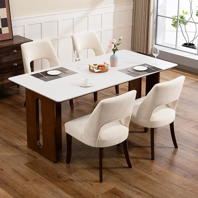 UVV Wooden Dining Chairs Set of 2, Mid Century Modern Chenille Upholstered Dining Room Chair Kitchen Chairs, Farmhouse Dinner Chair with Solid Wood Legs for Kitchen Dining Room, Beige-Chenille