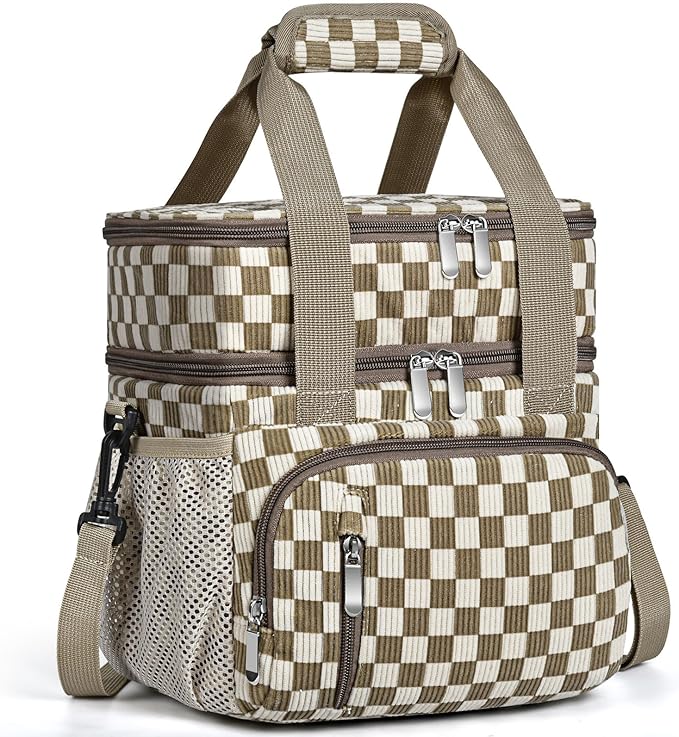 Lunch Box for Women, Double Insulated Lunch Bag Reusable Leakproof Cooler Bag Portable Picnic Food Bag, Adult Lunch Tote Lunch Bag for Work, Office, Travel, Beach - Corduroy Khaki Checkered