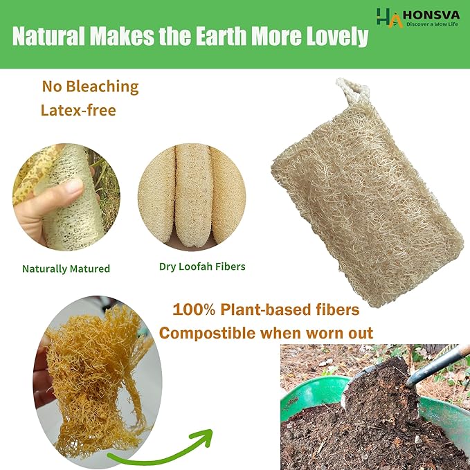 Natural Loofah Kitchen Sponge (3 Pcs) No Scratch Scrubber for Dishwashing, 100% Plant Fibers Vegetable Scrubber, Zero Waste and Eco Friendly Loofa, Square, Large Size
