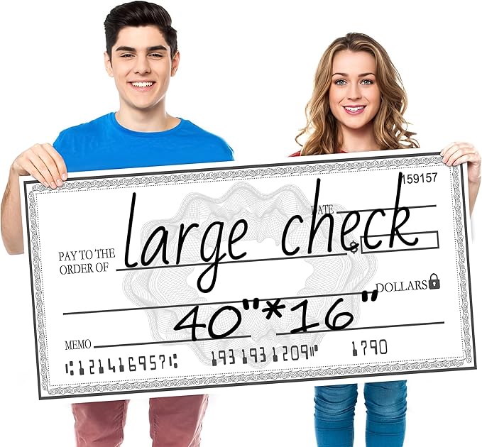 Big Check Giant Check | 40x16 Inch Double-Sided Reusable Donation Sign for Presentations & Social Media | Oversized Paper-Based Check Prop (Blue/Black)