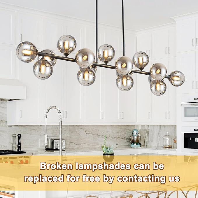 Chandelier,16-Light Large Pendant Lights Kitchen Island Black Linear Sputnik Chandelier Modern Chandeliers for Dining Room Bubble Gray Globe Island Lights for Kitchen Farmhouse Chandelier 55in