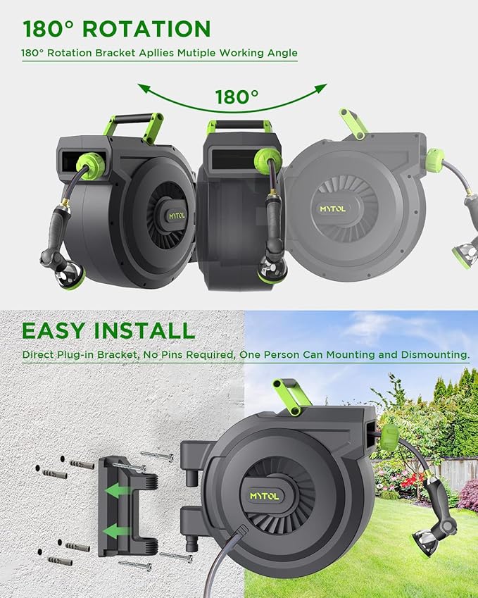 Retractable Garden Hose Reel, 1/2 Inch x 100 ft + 6 ft Wall Mount Hose Reel with Automatic Slow Rewind System, Any Length Lock, 10 Patterns Hose Nozzle, 180°Swivel Bracket, for Garden Watering