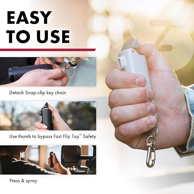 SABRE Safe Escape 3-In-1 Pepper Gel With Seat Belt Cutter & Window Breaker, Maximum Strength Pepper Spray, Snap Clip Keychain for Easy Carry & Fast Access, 0.54 fl oz, Easy to Use Fast Flip Top Safety