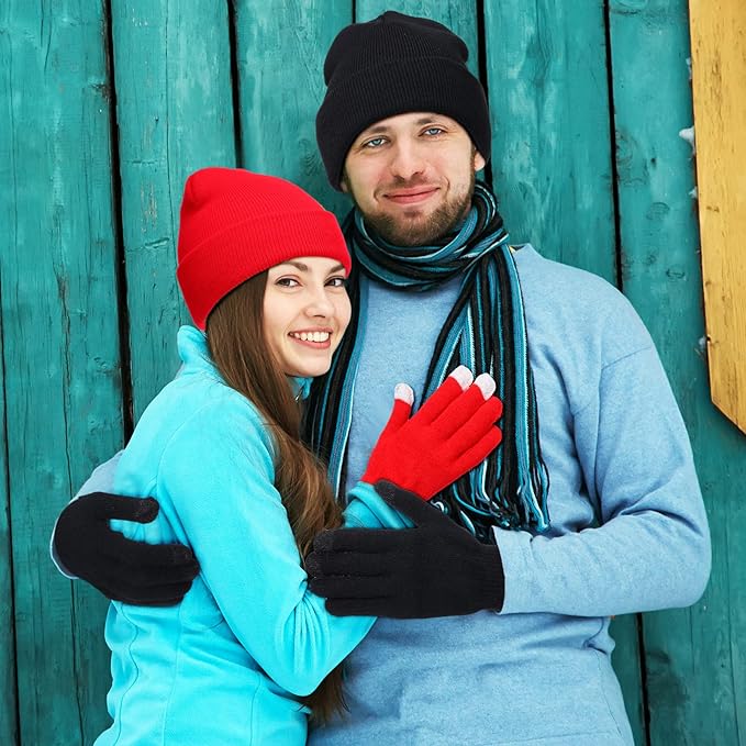 Kenning 56 Pcs Winter Beanies and Gloves Combo Kit Include 28 Pair Winter Gloves 28 Pcs Knitted Beanies Unisex Hats for Adult