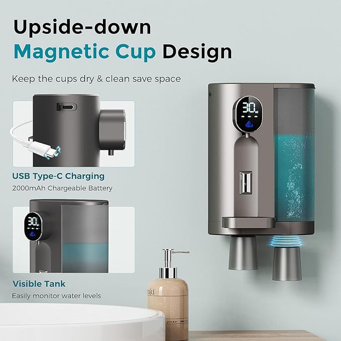 Oylik Automatic Mouthwash Dispenser,20.3 Fl Oz Mouth Wash Dispenser for Bathroom with 2 Magnetic Cups,4 Levels and LED Screen for Kids Adults