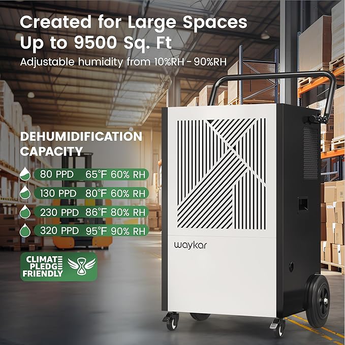 Waykar 320 Pints Large Commercial Dehumidifier for up to 9,500 Sq. Ft., with Pump, Drain Hose, Industrial Heavy Duty Dehumidifiers for Basements, Warehouses, Water Damage Restoration - 5-Year Warranty