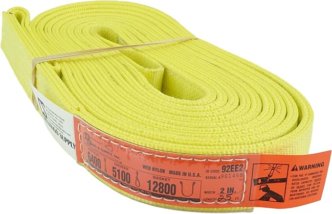 DD Sling. Multiple Sizes in Listing! (USA Made) 2" x 25', 2 Ply, Nylon Lifting Slings, Eye & Eye, Heavy Duty, 6400 lbs Vert, 5100 Choker, 12800 Basket (USA Nylon) (2"x25')