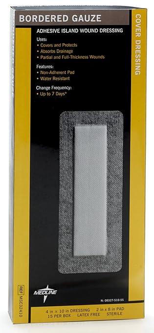 Medline Bordered Gauze, 4" x 10" Adhesive Island Wound Dressing, Sterile, 15 Count