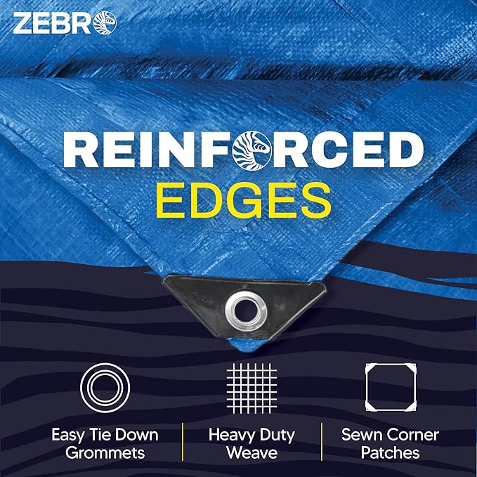 10' x 10' Blue Tarp with Grommets Reinforced - 5 Mil Thick - Durable UV Resistant Plastic Tarps Waterproof - Large Tarpaulin Cover for Outdoor Camping Over/Under Tent Tarp RV Roof Rain - Zebro