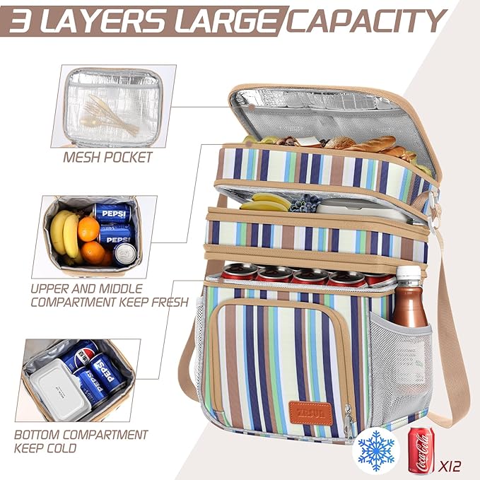 Insulated Lunch Bag for Women Men, Reusable 3 Layers Lunch Box Women, Expandable Reusable Water-resistant Lunch Box for Work Travel Office Picnic Hiking (Stripe)