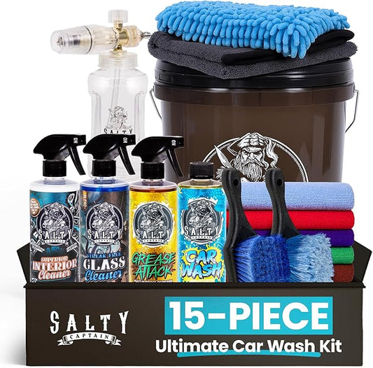 Salty Captain Ultimate 15-Piece Car Cleaning Kit – Car Wash Kit with 15L Bucket, Hand Mitt Towels, Brushes & 4x Cleaning Fluids – With Pressure Washer Snow Foam Cannon – Premium Quality