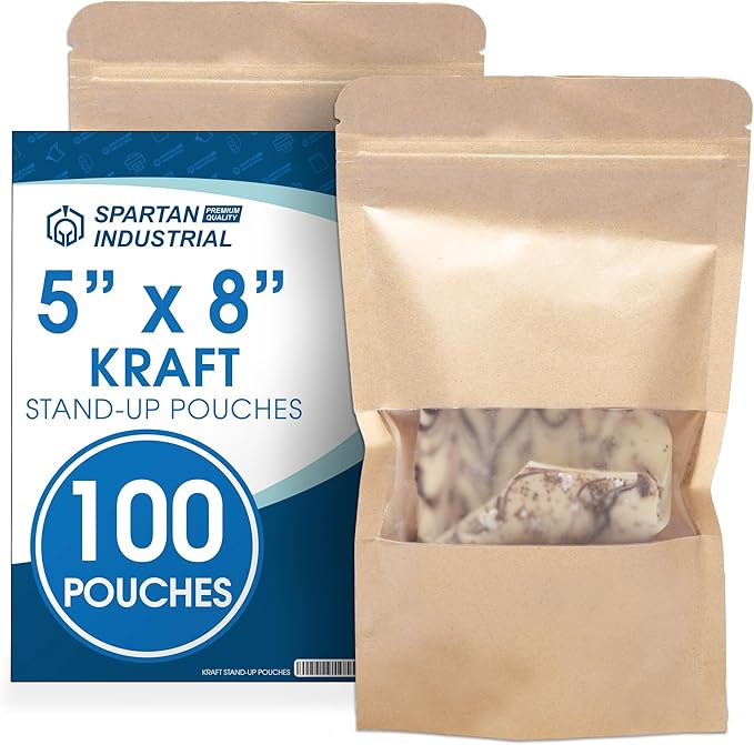 Spartan Industrial - 5" X 8" Kraft Zip Top Food Storage Bags - Pack of 100 Smell-Proof Resealable Pouches for Packaging Coffee, Tea, Spices, Snacks, and More