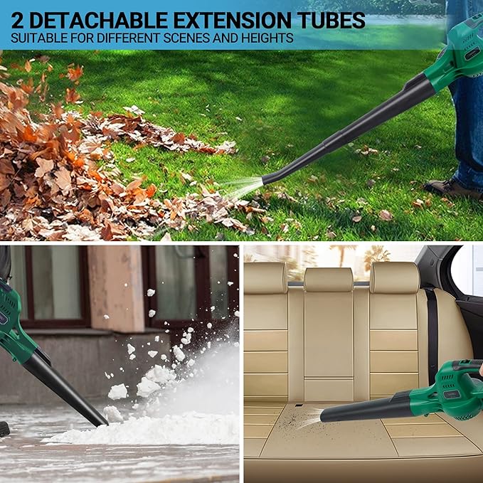 20V Cordless Leaf Blower with Battery and Charger, Leaf Blower Battery Operated, Variable Speed with 2 Tubes for Patio, Leaves Blowing-Green