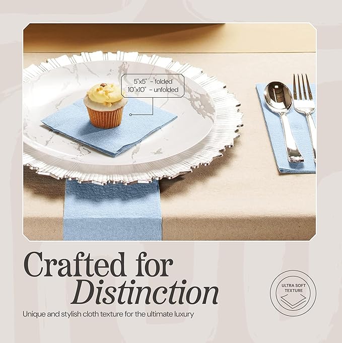 Disposable Cloth-Like Cocktail Napkins, 200 Pack 10" x 10" Linen-Feel Blue Denim Beverage Paper Napkins For Bar, Café, Wedding Or Party