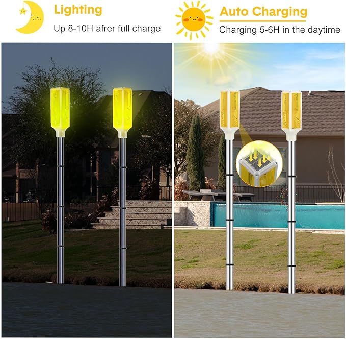 Macarrie 6 Pcs Solar Powered Driveway Markers Reflector Lights Landscape Driveway Reflectors on Poles for Snow Road Outdoor Yard(37 Inch,Yellow)