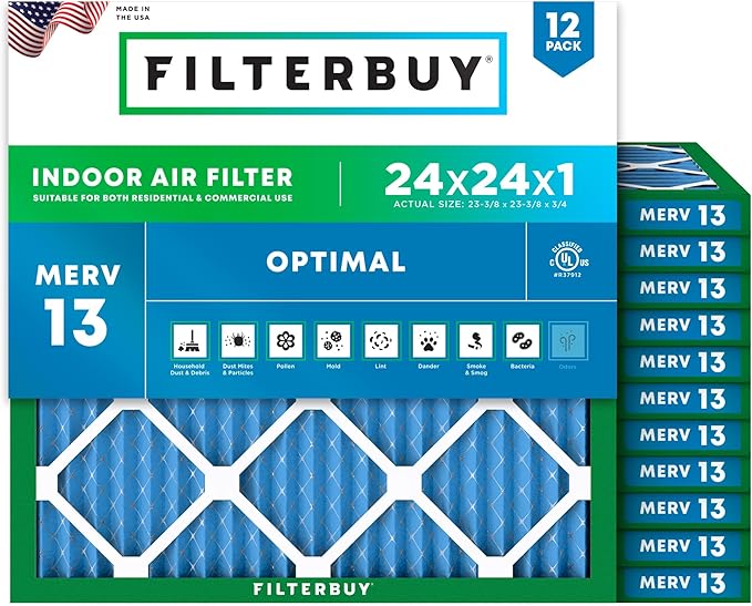 Filterbuy 24x24x1 Air Filter MERV 13 Optimal Smoke & Allergy Defense (12-Pack), Electrostatic Pleated HVAC AC Furnace Filters Replacement, Made in USA (Actual Size: 23.38 x 23.38 x 0.75)