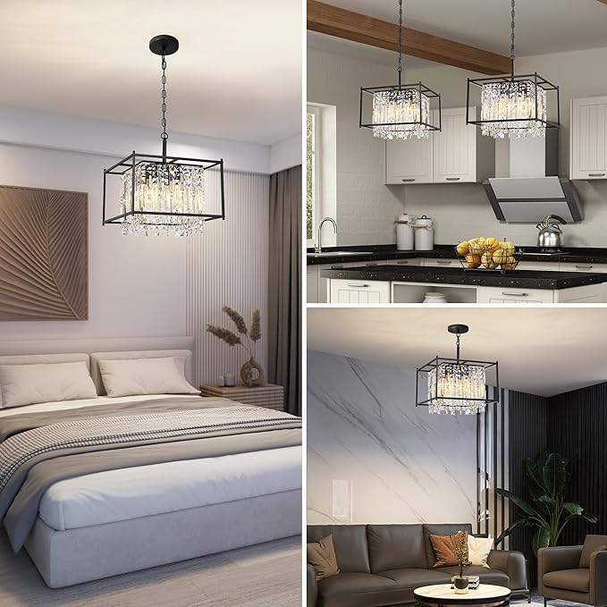 Black Chandeliers for Dining Room, Black Square Industrial Chandelier Crystal Pendant Light for Kitchen Island Dining Room Living Room Flat and Inclined Ceiling,L16 x W16 x H17.5