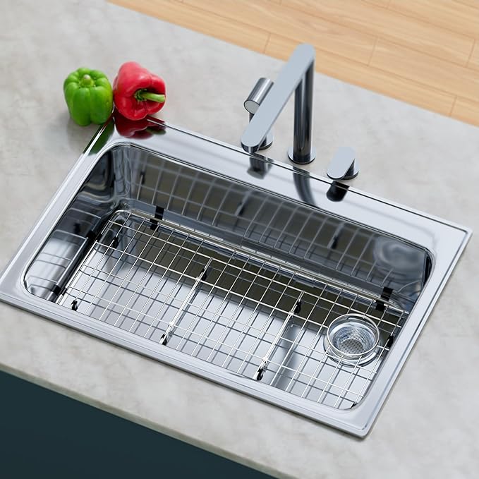 Sink Rack,Large Sink Protectors for Kitchen Sink,28-1/4"X 14-1/4",Stainless Steel Sink Grid for Bottom of Sink,Metal Sink Grate with Strainer,Side Corner Drain for Specific Elkay,1 pack