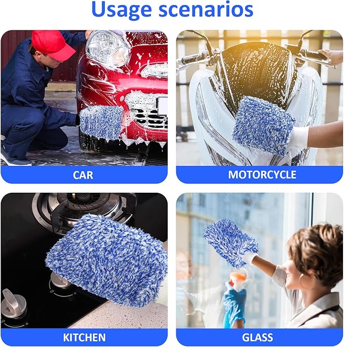 Microfiber Car Wash Mitt, Car Sponge Wrapped in Soft, Plush Fiber Cloth Material, Holds Tons of Sudsy Water for Effective Washing, Lint Free, Scratch Free, for Cars, Motorcycles (Blue 2 Pack)