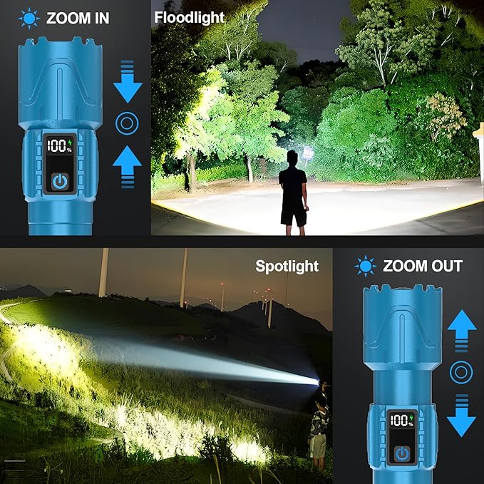 Rechargeable Tactical Flashlights High Lumens - 5000mAh Super Bright LED Powerful Flash Light, Waterproof Handheld USB C Flashlight for Home,Car,Camping,Emergencies,5 Modes,Zoomable (2, Turquoise)
