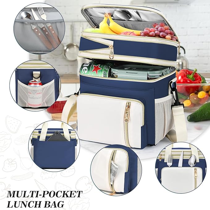 LOKASS Expandable Lunch Box for Women Men | Adult Lunchbag Cooler Tote Bag with Adjustable Shoulder Strap | Insulated Reusable Womens Lunch Bags for Work Camping Beach | 16L, Dark Blue