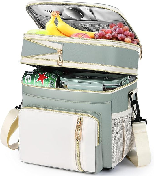 LOKASS Expandable Lunch Box for Women Men Adult Lunchbag Cooler Tote Bag with Adjustable Shoulder Strap Insulated Reusable Womens Lunch Bags for Work Camping Beach 16L, Olive Green