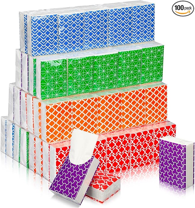 Therwen 100 Pack Pocket Tissues Travel Packs Bulk 1000 Sheet Mini Tissues Bulk 3 Ply Small Travel Size Paper Individual Pocket Size (Multicolor)
