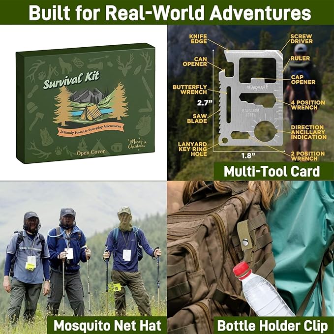 24-Day Survival Kit Advent Calendar - Christmas Countdown Calendar with Survival Tools, Outdoor Gear for Hiking Fishing Hunting Adventure, Practical Holiday Gift for Men Husband Dad Friends