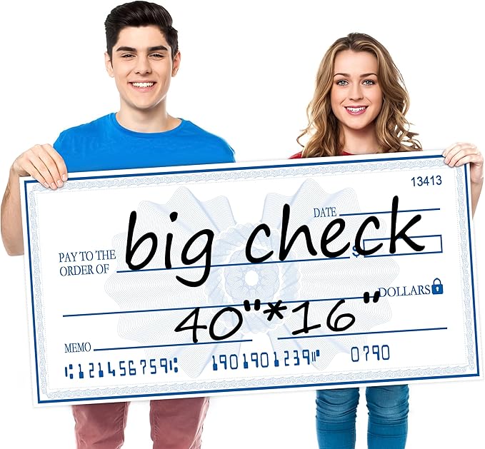 Big Check Giant Check 40x16 Inch Double-Sided Reusable Award Supply | Dual-Color Dry Erase Board for Corporate Events & Fundraisers (Black/Blue) with 2 Markers & Guide