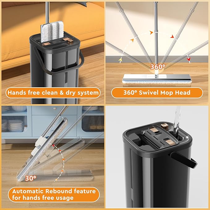 Separates Dirty Water Mop, Flat Mop and Bucket for Home with 4 Extra Refills, Stainless Steel Mop and Bucket with Wringer (Black)