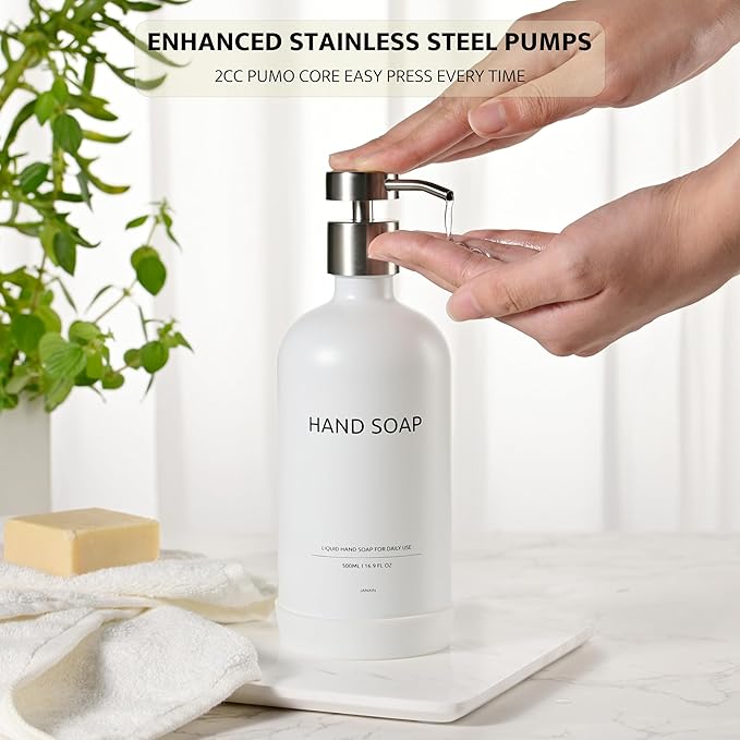 Kitchen Soap Dispenser Set with Non-Slip Protective Silicone Pad,Hand Soap Dispenser for Kitchen and Bathroom Decor, White and Black Kitchen Accessories (White Bottles+Black Bottles)