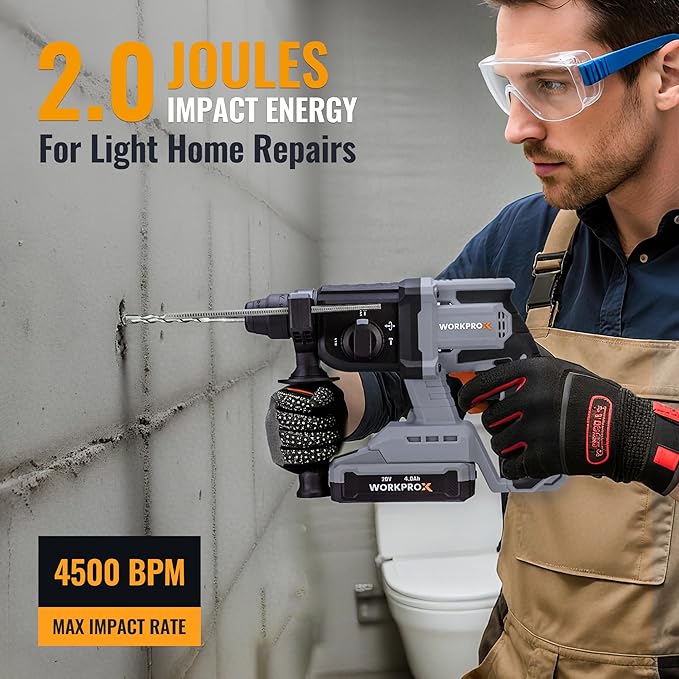 WORKPROX 20V Cordless Rotary Hammer Drill, 7/8" SDS-Plus, 2.0J Hammer Drill for Concrete with 4 Functions, Brushless Motor, 4.0Ah Battery & LED Light, Lightweight SDS Hammer Drill for Home Use
