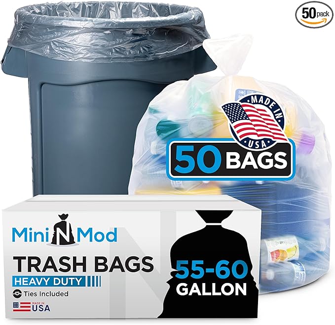 55-60 Gallon Clear Trash Bags | 50 Count | Large Clear Plastic Bags for Recycling, Garbage, and Commercial Use – Fits 55 Gallon and 60 Gallon Trash Cans