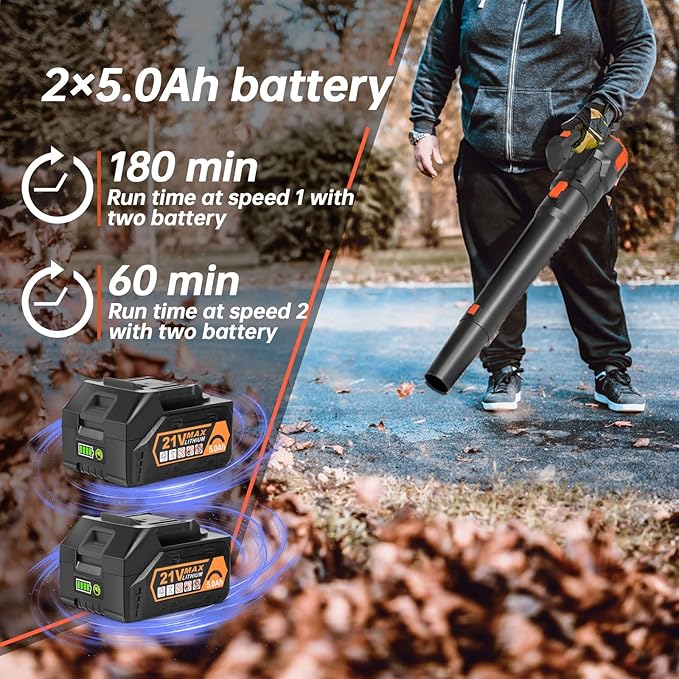 Cordless Leaf Blower - 500CFM Brushless Electric Blower with Battery Charger, 21V 2 Packs 5.0 Ah Battery for Lawn Care Yard Porch Driveway Patio Clean