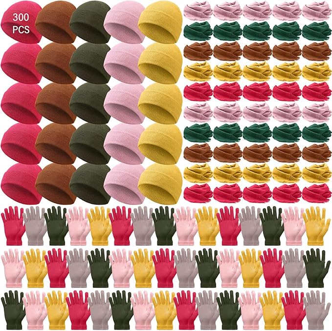 Unittype 300 Pcs Winter Beanies Gloves Scarf Set Bulk 100 Knit Skull Cap 100 Pair Winter Gloves 100 Neck Warmer for Men Women