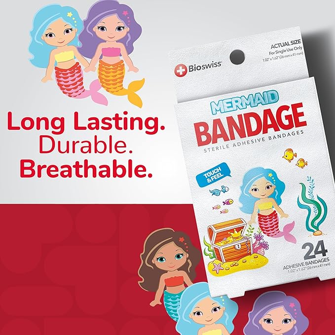 BioSwiss Kids Bandages, Mermaid Shaped Self Adhesive Bandage Set, Latex Free, Sterile Wound Care, 24 Count